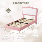 Cadre de lit double/complet rembourré pour enfants avec tête de lit festonnée, lit double mignon en velours pour filles, garçons, lit plateforme robuste, lattes en bois, sans bruit