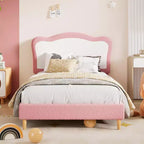Cadre de lit double/complet rembourré pour enfants avec tête de lit festonnée, lit double mignon en velours pour filles, garçons, lit plateforme robuste, lattes en bois, sans bruit