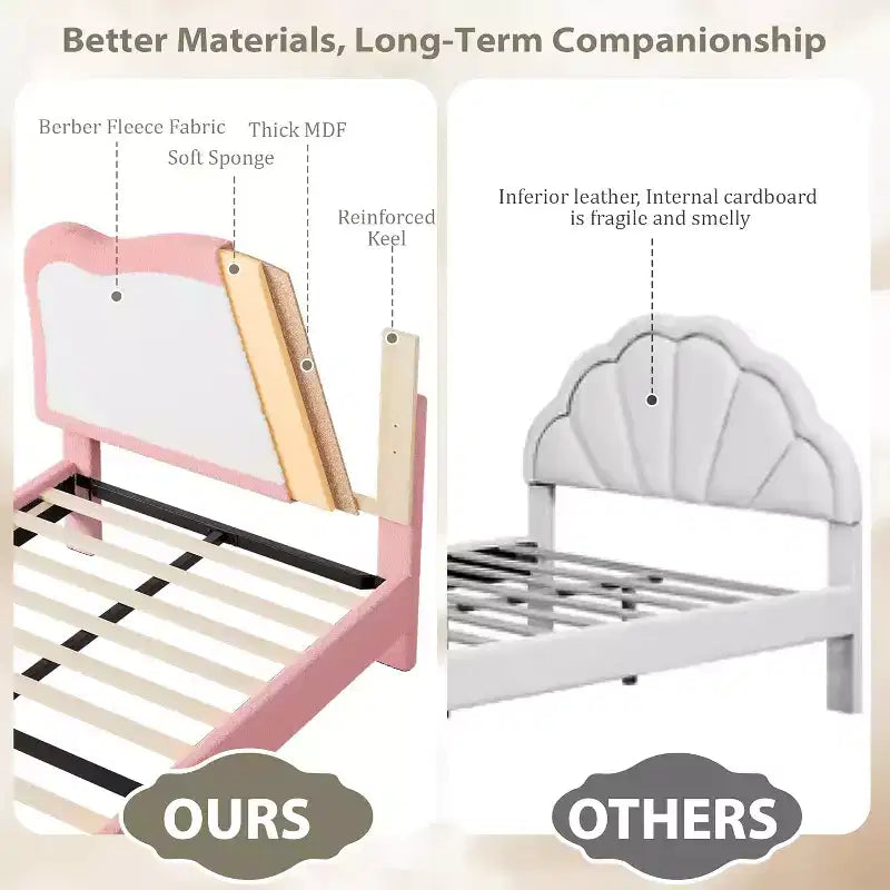 Cadre de lit double/complet rembourré pour enfants avec tête de lit festonnée, lit double mignon en velours pour filles, garçons, lit plateforme robuste, lattes en bois, sans bruit