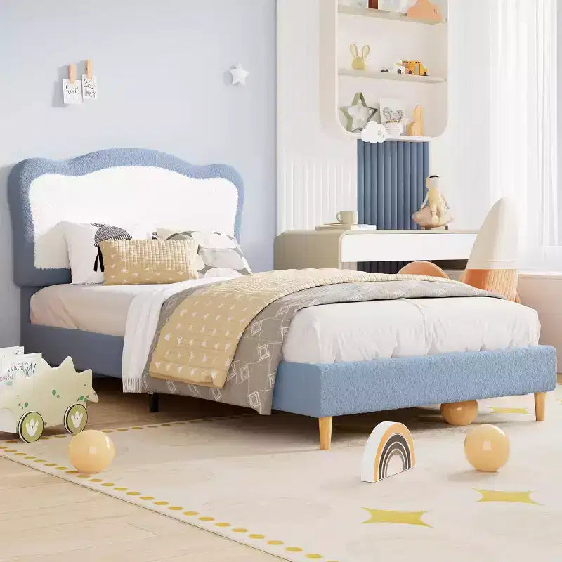 Cadre de lit double/complet rembourré pour enfants avec tête de lit festonnée, lit double mignon en velours pour filles, garçons, lit plateforme robuste, lattes en bois, sans bruit