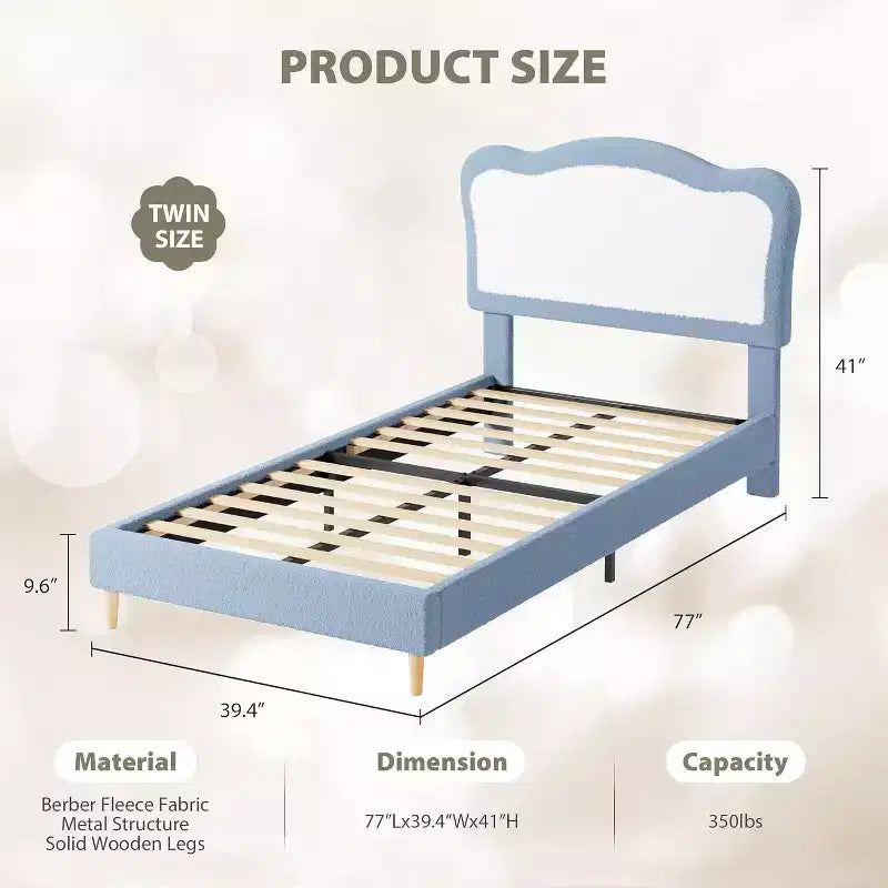 Cadre de lit double/complet rembourré pour enfants avec tête de lit festonnée, lit double mignon en velours pour filles, garçons, lit plateforme robuste, lattes en bois, sans bruit