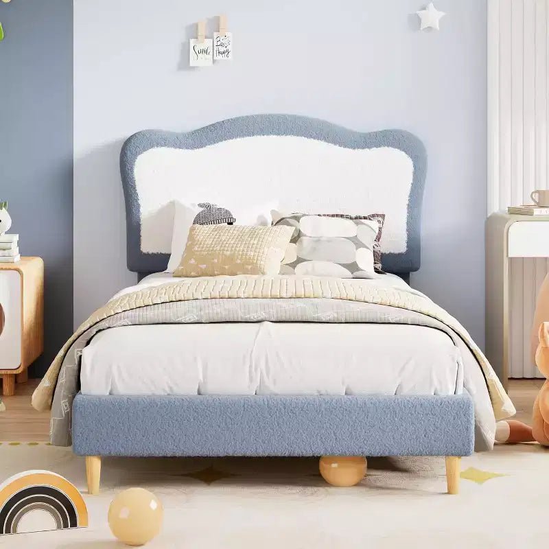 Cadre de lit double/complet rembourré pour enfants avec tête de lit festonnée, lit double mignon en velours pour filles, garçons, lit plateforme robuste, lattes en bois, sans bruit