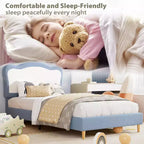 Cadre de lit double/complet rembourré pour enfants avec tête de lit festonnée, lit double mignon en velours pour filles, garçons, lit plateforme robuste, lattes en bois, sans bruit