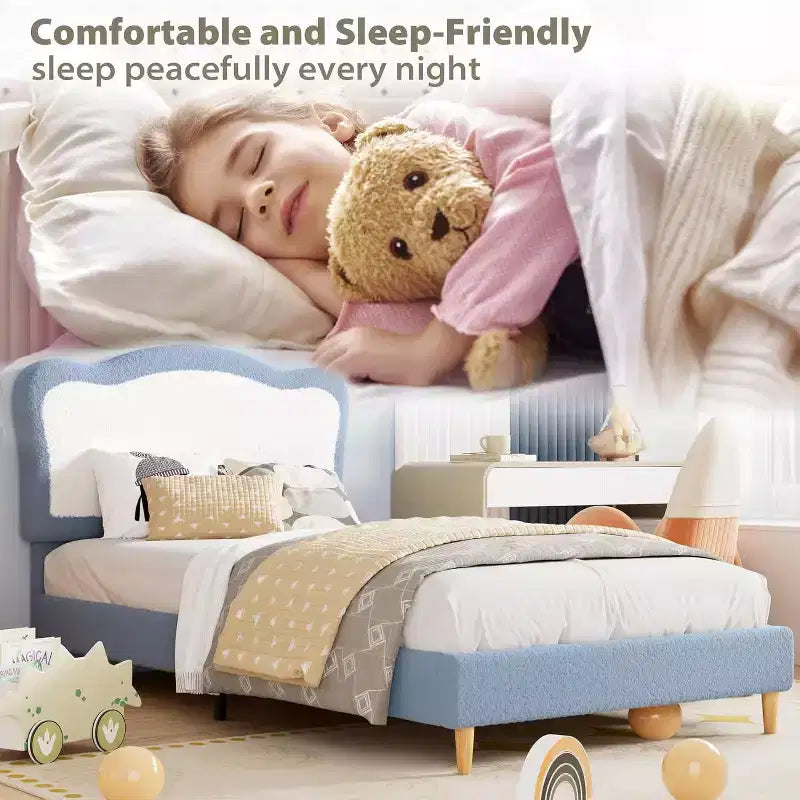 Cadre de lit double/complet rembourré pour enfants avec tête de lit festonnée, lit double mignon en velours pour filles, garçons, lit plateforme robuste, lattes en bois, sans bruit