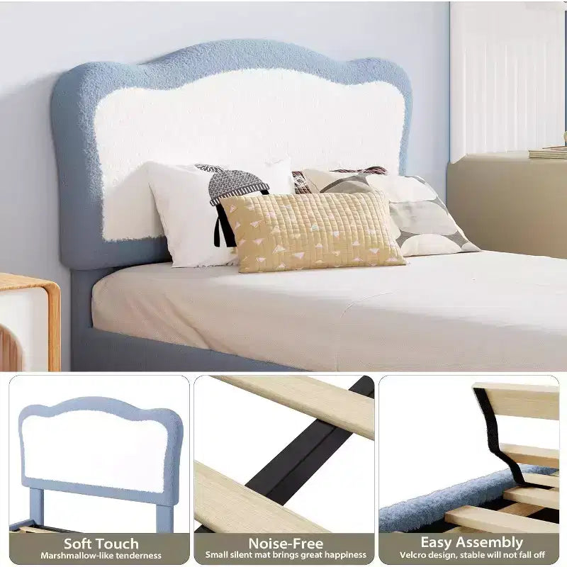 Cadre de lit double/complet rembourré pour enfants avec tête de lit festonnée, lit double mignon en velours pour filles, garçons, lit plateforme robuste, lattes en bois, sans bruit