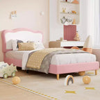 Cadre de lit double/complet rembourré pour enfants avec tête de lit festonnée, lit double mignon en velours pour filles, garçons, lit plateforme robuste, lattes en bois, sans bruit