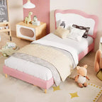 Cadre de lit double/complet rembourré pour enfants avec tête de lit festonnée, lit double mignon en velours pour filles, garçons, lit plateforme robuste, lattes en bois, sans bruit