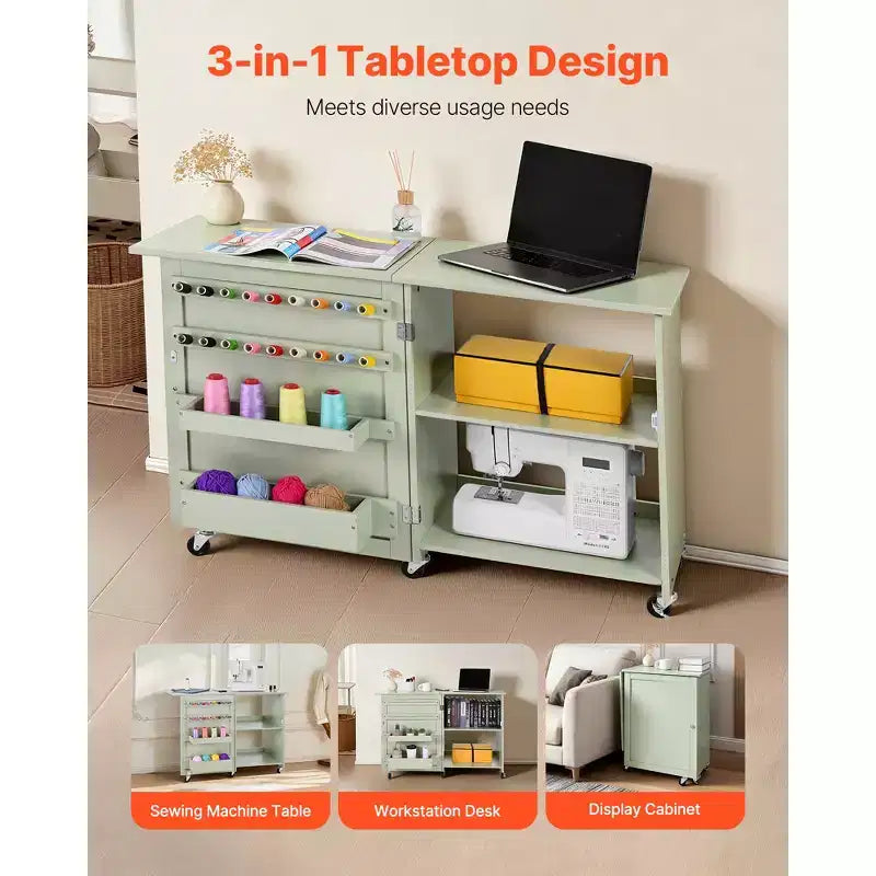 Table à coudre pliable VEVOR, Table de machine à coudre multifonctionnelle avec design compact, roulettes, chevilles en bois, plateaux de rangement et étagère, vert clair