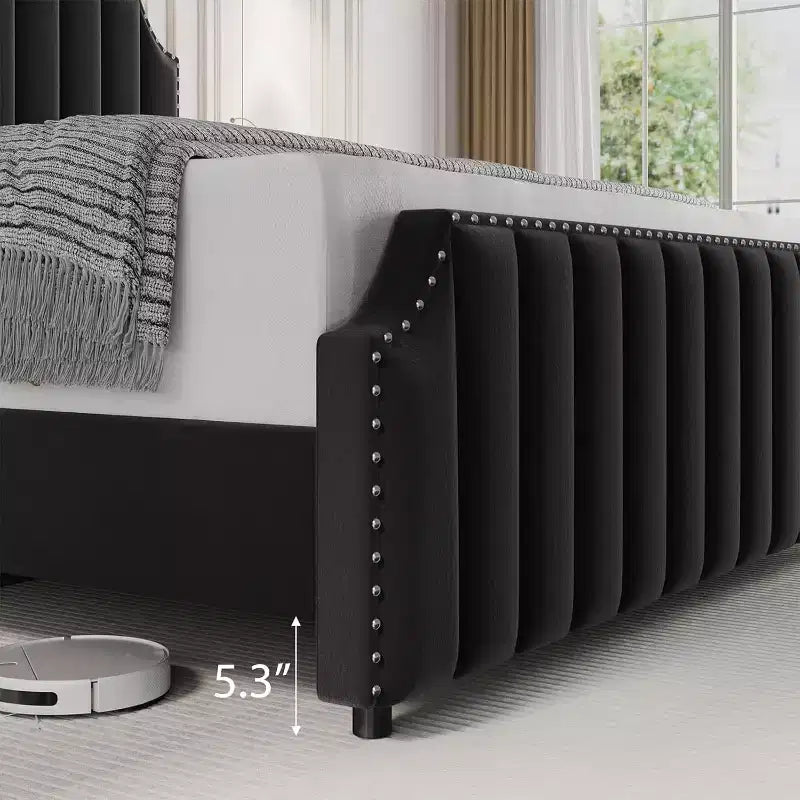 Cadre de lit, Cadre de lit plateforme en métal velours avec garniture cloutée, Tête de lit de 127,5 cm de hauteur, Pied de lit, Support à lattes en bois robuste, Silencieux, Noir