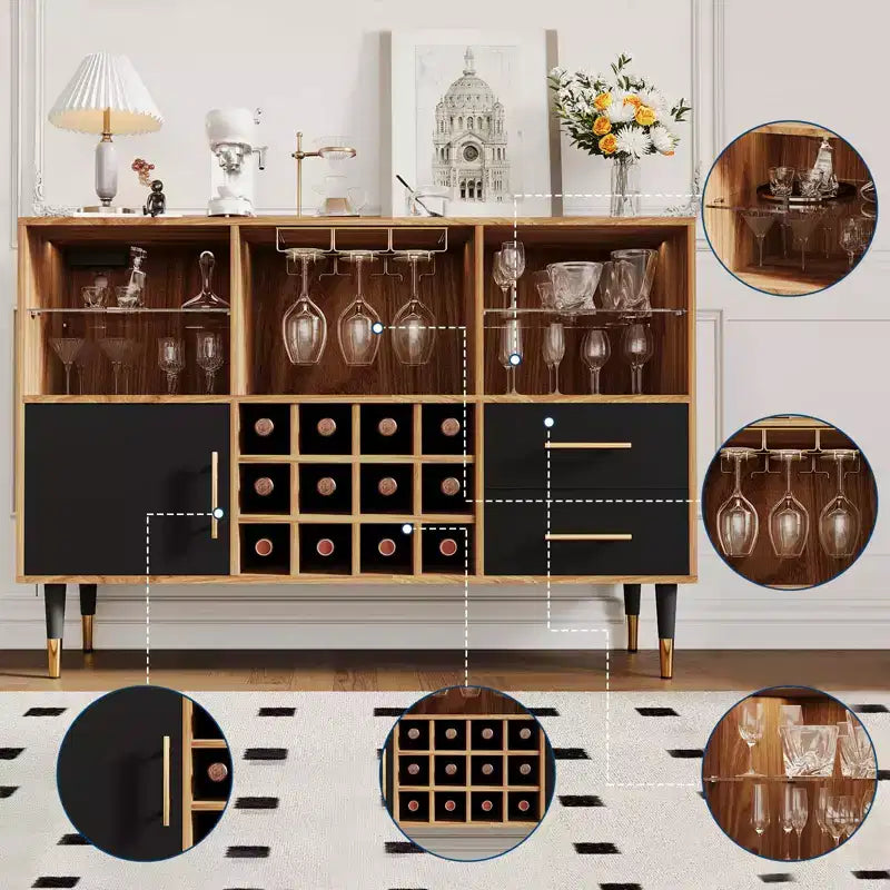 47 Meuble de bar à café de style ferme, meuble de bar à vin autoportant avec casier à vin, buffet en bois, meuble à liqueurs moderne.