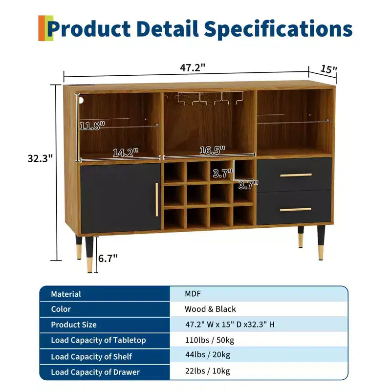 47 Meuble de bar à café de style ferme, meuble de bar à vin autoportant avec casier à vin, buffet en bois, meuble à liqueurs moderne.