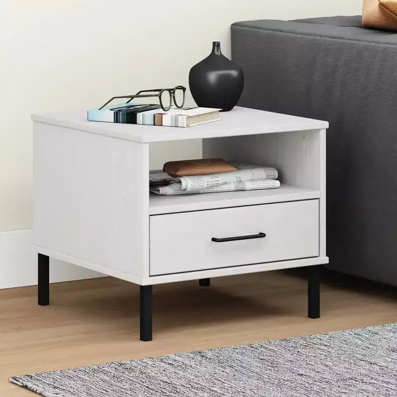 vidaXL Table de chevet de chambre à coucher avec pieds en métal Bois de pin massif OSLO