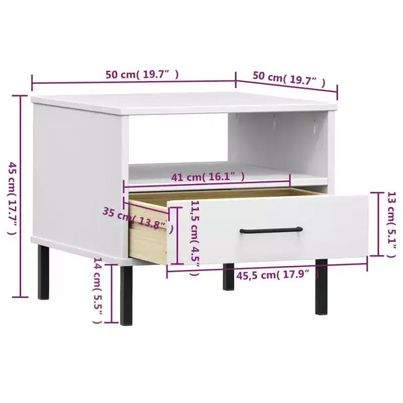 vidaXL Table de chevet de chambre à coucher avec pieds en métal Bois de pin massif OSLO