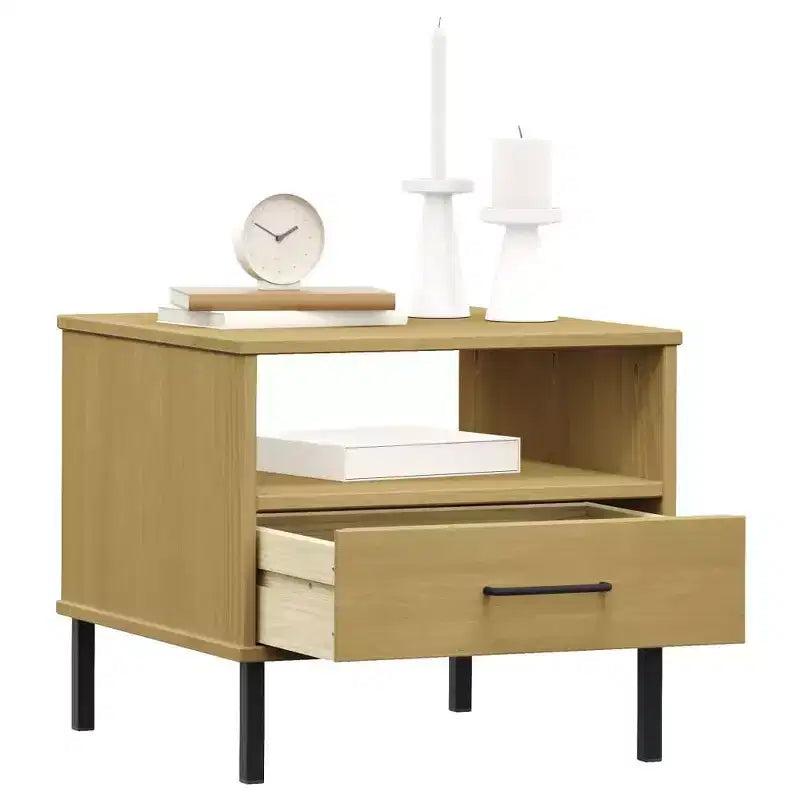 vidaXL Table de chevet de chambre à coucher avec pieds en métal Bois de pin massif OSLO