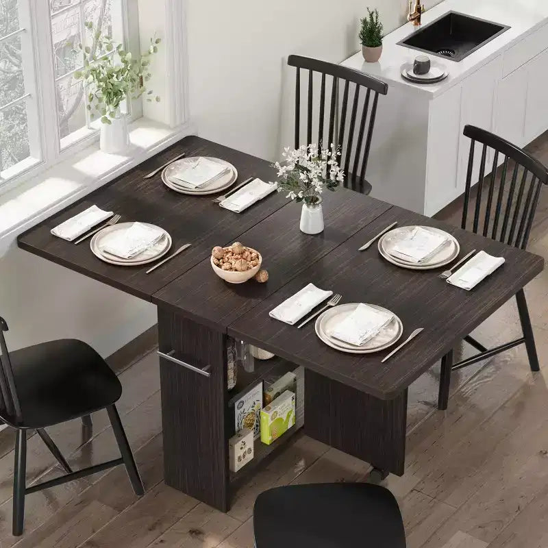 Space Saving Folding Dining Table, Farmhouse Dining Table for 4 Storage Shelf, 6 Wheels Multipose Expandable Kitchen Drop Leaf Table