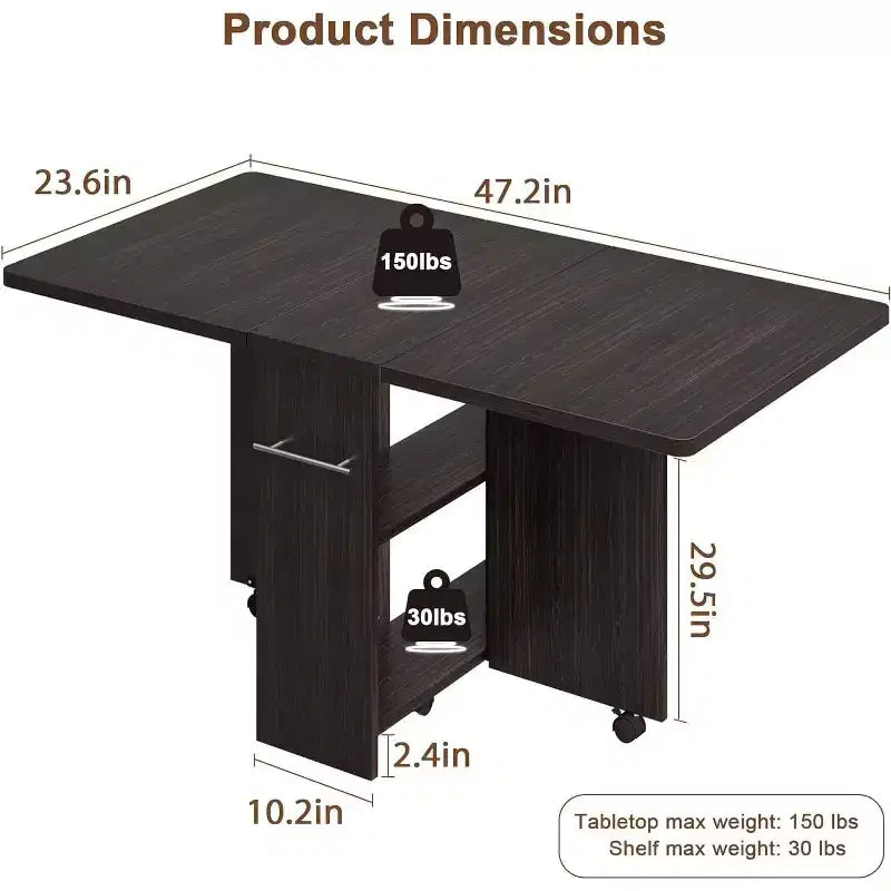 Table de salle à manger pliante peu encombrante, table de salle à manger de style ferme pour 4 personnes avec étagère de rangement, table de cuisine à abattants extensible polyvalente à 6 roulettes