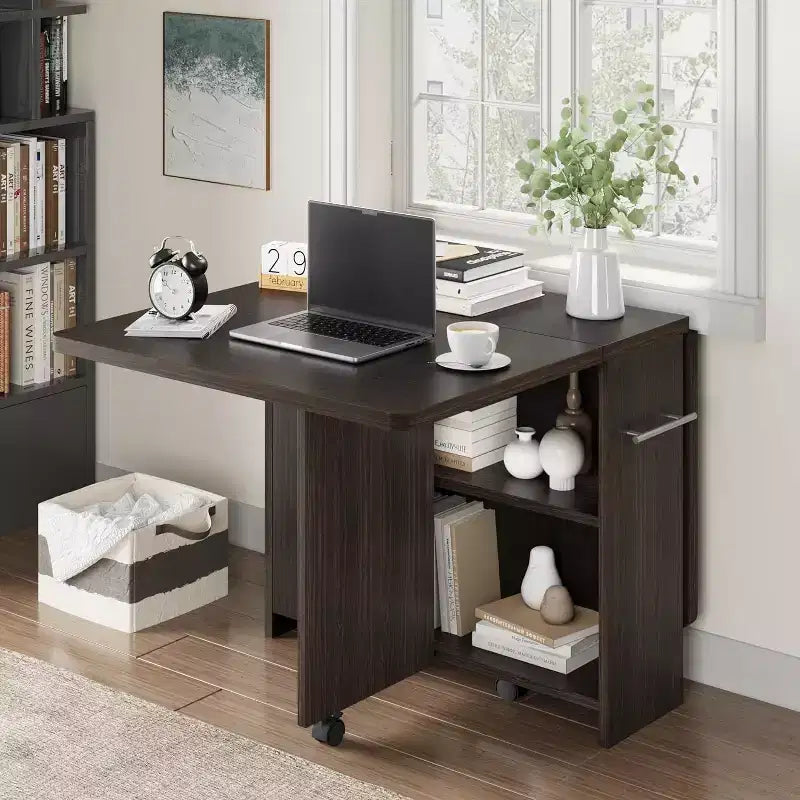 Table de salle à manger pliante peu encombrante, table de salle à manger de style ferme pour 4 personnes avec étagère de rangement, table de cuisine à abattants extensible polyvalente à 6 roulettes