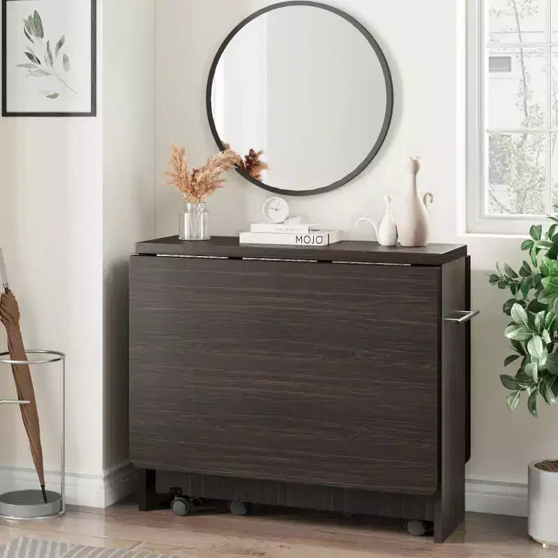 Table de salle à manger pliante peu encombrante, table de salle à manger de style ferme pour 4 personnes avec étagère de rangement, table de cuisine à abattants extensible polyvalente à 6 roulettes