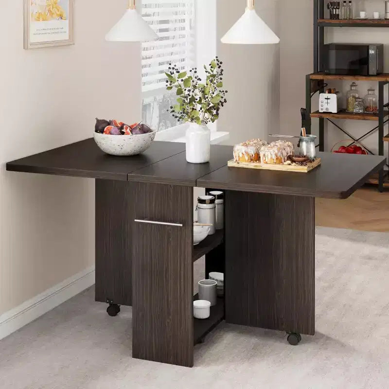 Table de salle à manger pliante peu encombrante, table de salle à manger de style ferme pour 4 personnes avec étagère de rangement, table de cuisine à abattants extensible polyvalente à 6 roulettes