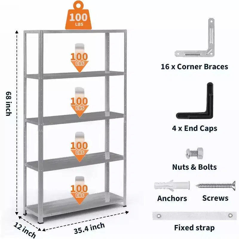 Étagère métallique à 5 niveaux pour charges lourdes, capacité de 227 kg, étagères de rangement de garage à hauteur réglable, étagères en métal, étagères industrielles