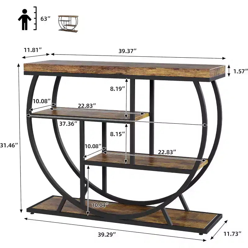 Table console industrielle à 4 niveaux avec cadre en métal semi-circulaire, pieds réglables et étagère ouverte, table de canapé pour salon, couloir, entrée