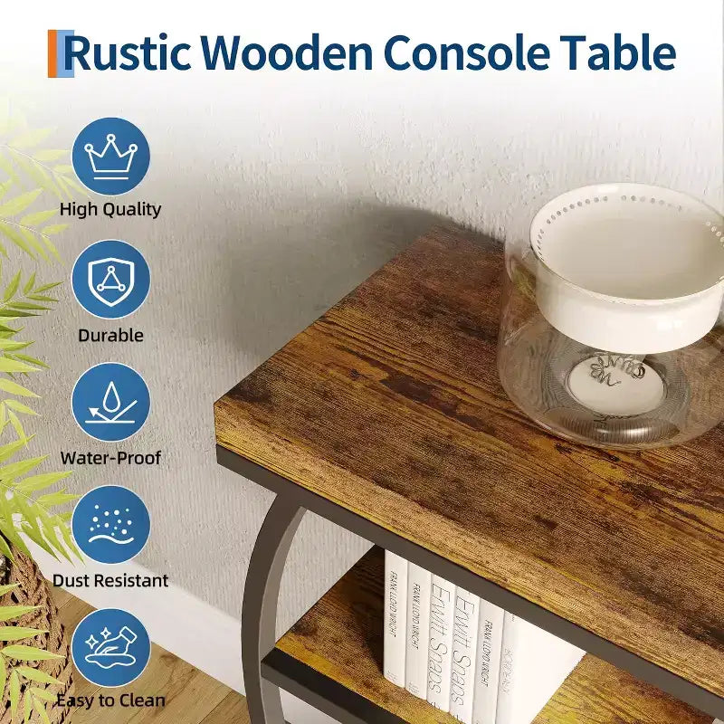 Table console industrielle à 4 niveaux avec cadre en métal semi-circulaire, pieds réglables et étagère ouverte, table de canapé pour salon, couloir, entrée