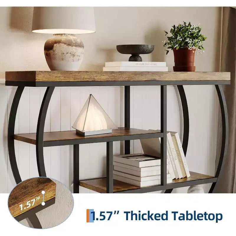 Table console industrielle à 4 niveaux avec cadre en métal semi-circulaire, pieds réglables et étagère ouverte, table de canapé pour salon, couloir, entrée