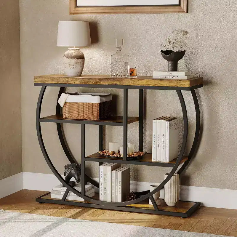 Table console industrielle à 4 niveaux avec cadre en métal semi-circulaire, pieds réglables et étagère ouverte, table de canapé pour salon, couloir, entrée