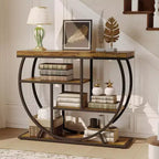 Table console industrielle à 4 niveaux avec cadre en métal semi-circulaire, pieds réglables et étagère ouverte, table de canapé pour salon, couloir, entrée