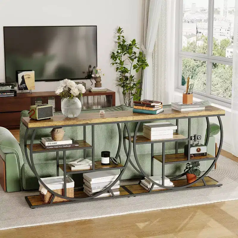 Table console industrielle à 4 niveaux avec cadre en métal semi-circulaire, pieds réglables et étagère ouverte, table de canapé pour salon, couloir, entrée