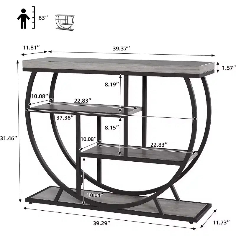 Table console industrielle à 4 niveaux avec cadre en métal semi-circulaire, pieds réglables et étagère ouverte, table de canapé pour salon, couloir, entrée