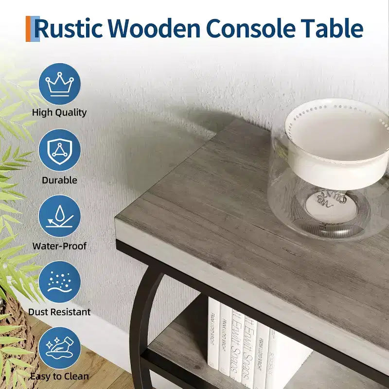 Table console industrielle à 4 niveaux avec cadre en métal semi-circulaire, pieds réglables et étagère ouverte, table de canapé pour salon, couloir, entrée