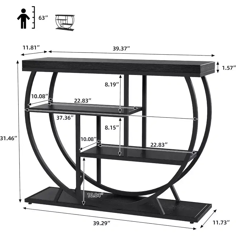 Table console industrielle à 4 niveaux avec cadre en métal semi-circulaire, pieds réglables et étagère ouverte, table de canapé pour salon, couloir, entrée