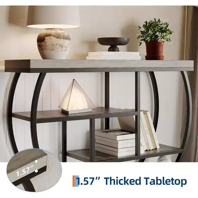 Table console industrielle à 4 niveaux avec cadre en métal semi-circulaire, pieds réglables et étagère ouverte, table de canapé pour salon, couloir, entrée