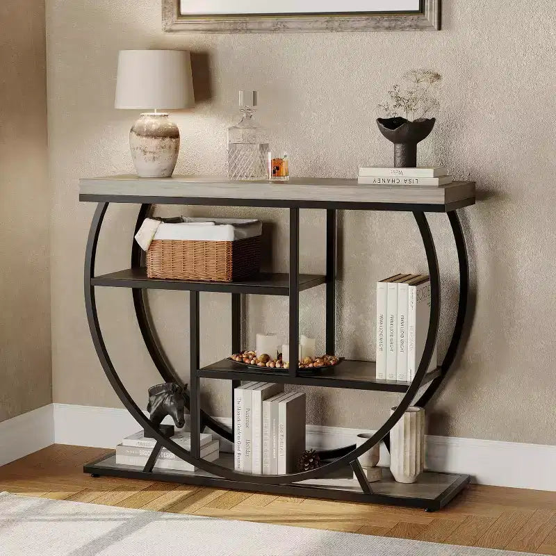 Table console industrielle à 4 niveaux avec cadre en métal semi-circulaire, pieds réglables et étagère ouverte, table de canapé pour salon, couloir, entrée