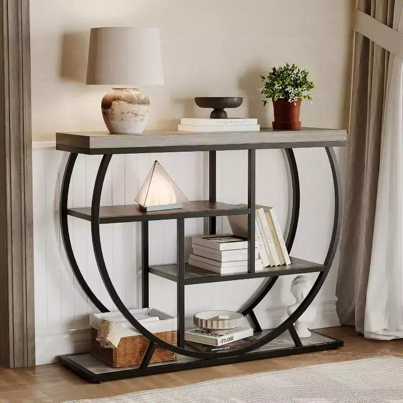 Table console industrielle à 4 niveaux avec cadre en métal semi-circulaire, pieds réglables et étagère ouverte, table de canapé pour salon, couloir, entrée