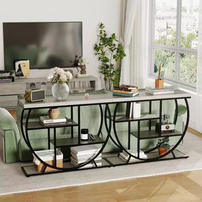 Table console industrielle à 4 niveaux avec cadre en métal semi-circulaire, pieds réglables et étagère ouverte, table de canapé pour salon, couloir, entrée