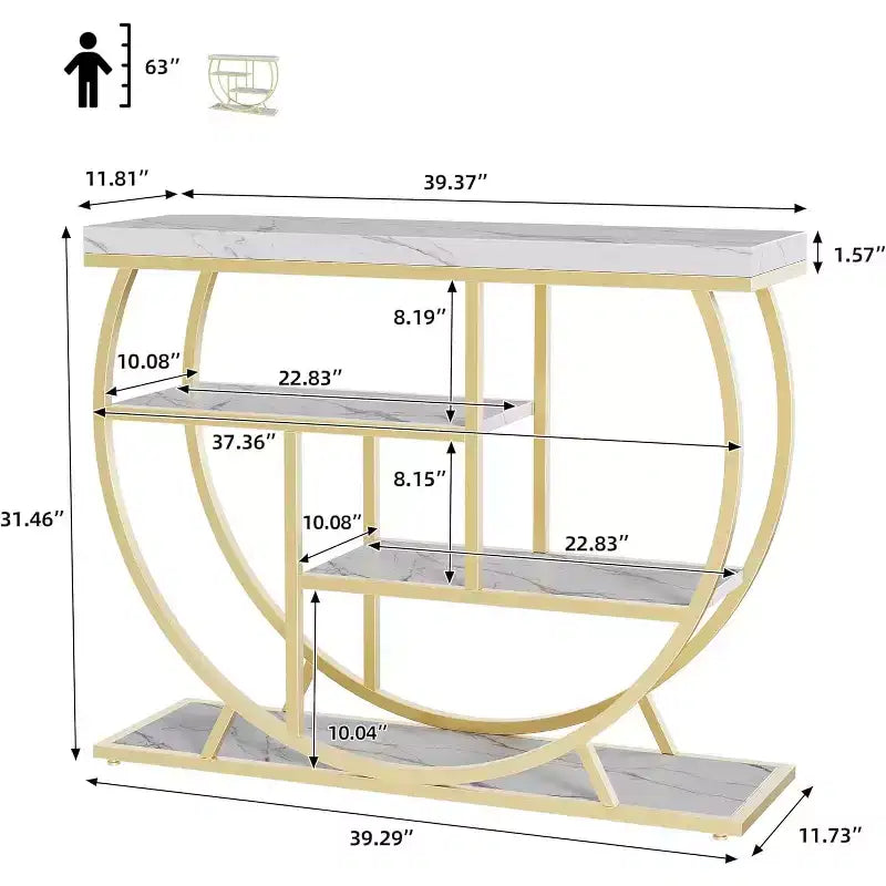 Table console industrielle à 4 niveaux avec cadre en métal semi-circulaire, pieds réglables et étagère ouverte, table de canapé pour salon, couloir, entrée