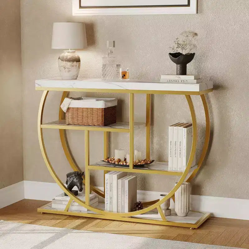 Table console industrielle à 4 niveaux avec cadre en métal semi-circulaire, pieds réglables et étagère ouverte, table de canapé pour salon, couloir, entrée