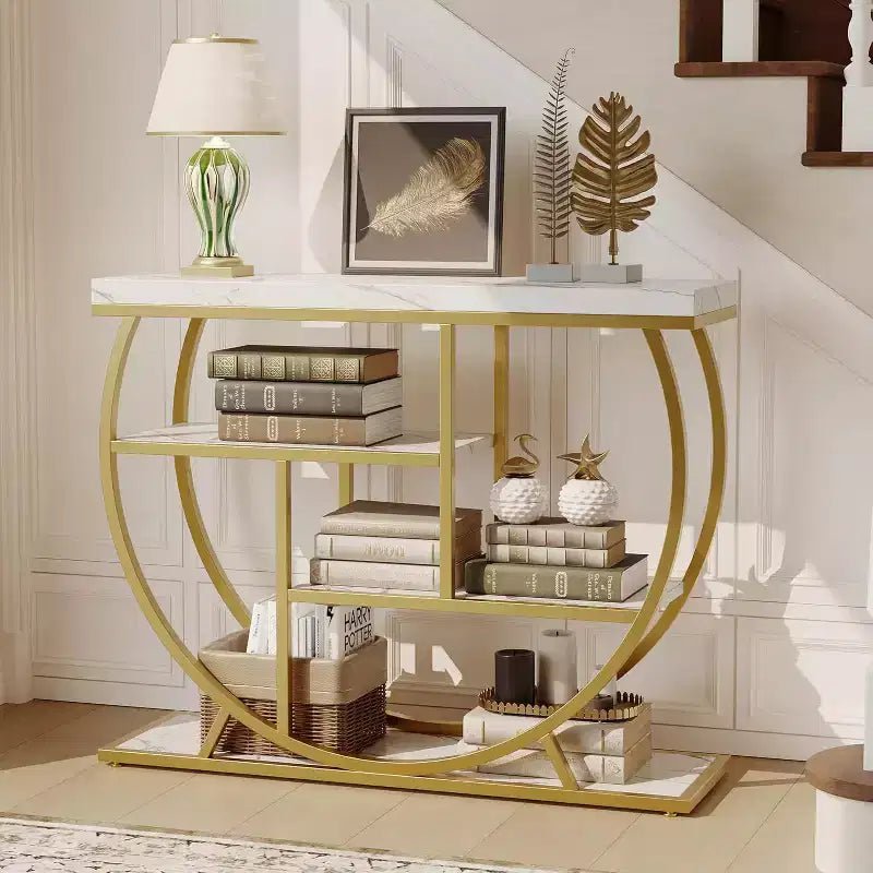 Table console industrielle à 4 niveaux avec cadre en métal semi-circulaire, pieds réglables et étagère ouverte, table de canapé pour salon, couloir, entrée