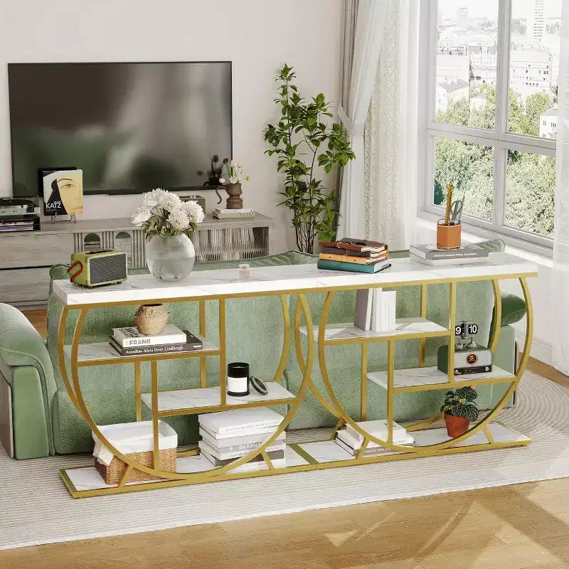 Table console industrielle à 4 niveaux avec cadre en métal semi-circulaire, pieds réglables et étagère ouverte, table de canapé pour salon, couloir, entrée