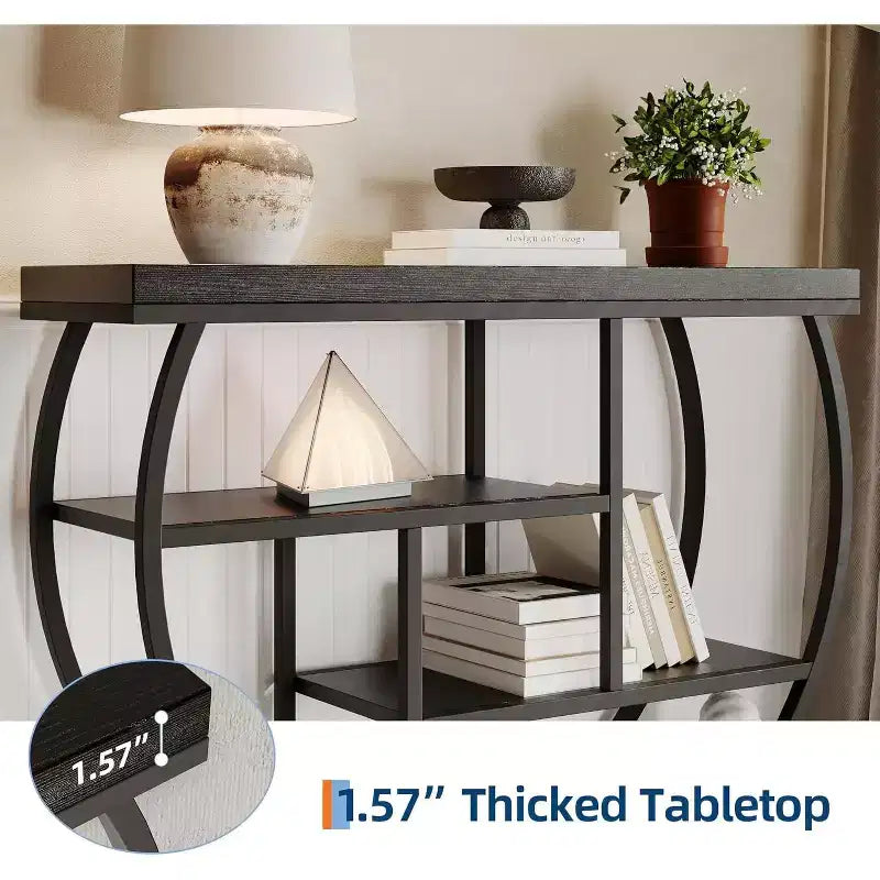 Table console industrielle à 4 niveaux avec cadre en métal semi-circulaire, pieds réglables et étagère ouverte, table de canapé pour salon, couloir, entrée
