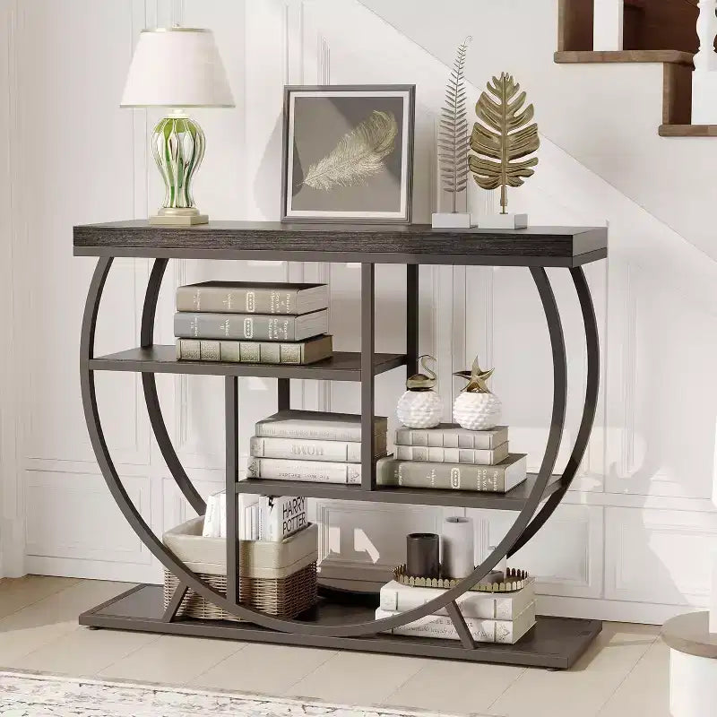 Table console industrielle à 4 niveaux avec cadre en métal semi-circulaire, pieds réglables et étagère ouverte, table de canapé pour salon, couloir, entrée
