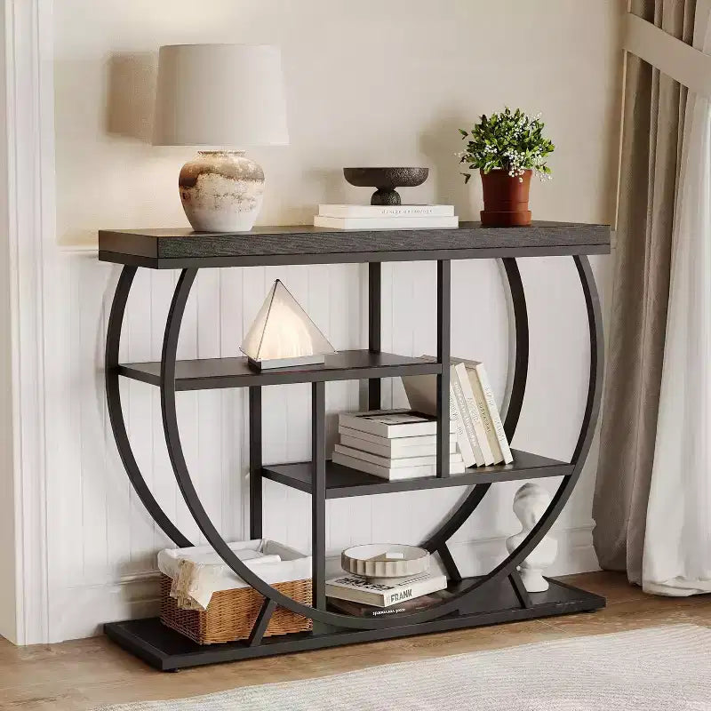 Table console industrielle à 4 niveaux avec cadre en métal semi-circulaire, pieds réglables et étagère ouverte, table de canapé pour salon, couloir, entrée
