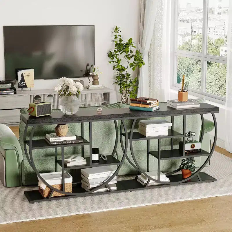 Table console industrielle à 4 niveaux avec cadre en métal semi-circulaire, pieds réglables et étagère ouverte, table de canapé pour salon, couloir, entrée
