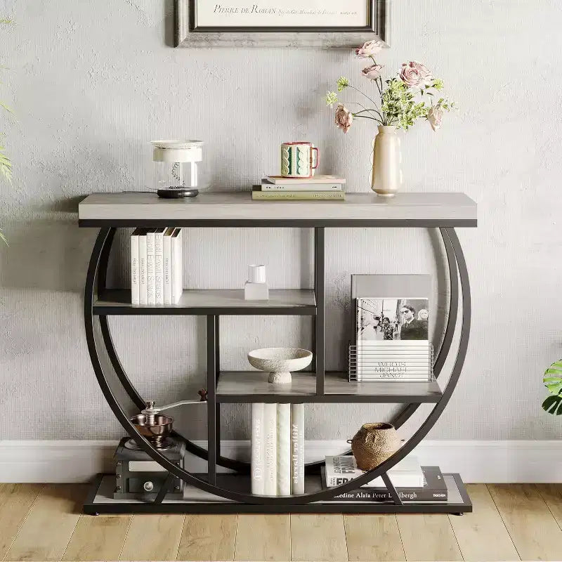 Table console industrielle à 4 niveaux avec cadre en métal semi-circulaire, pieds réglables et étagère ouverte, table de canapé pour salon, couloir, entrée