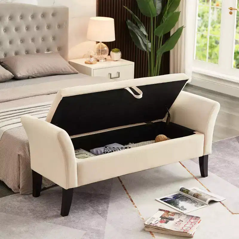 Banc de lit Furniliving 51,5 po avec rangement, tapissé de velours capitonné, avec pieds en bois massif noir, pour chambre/entrée