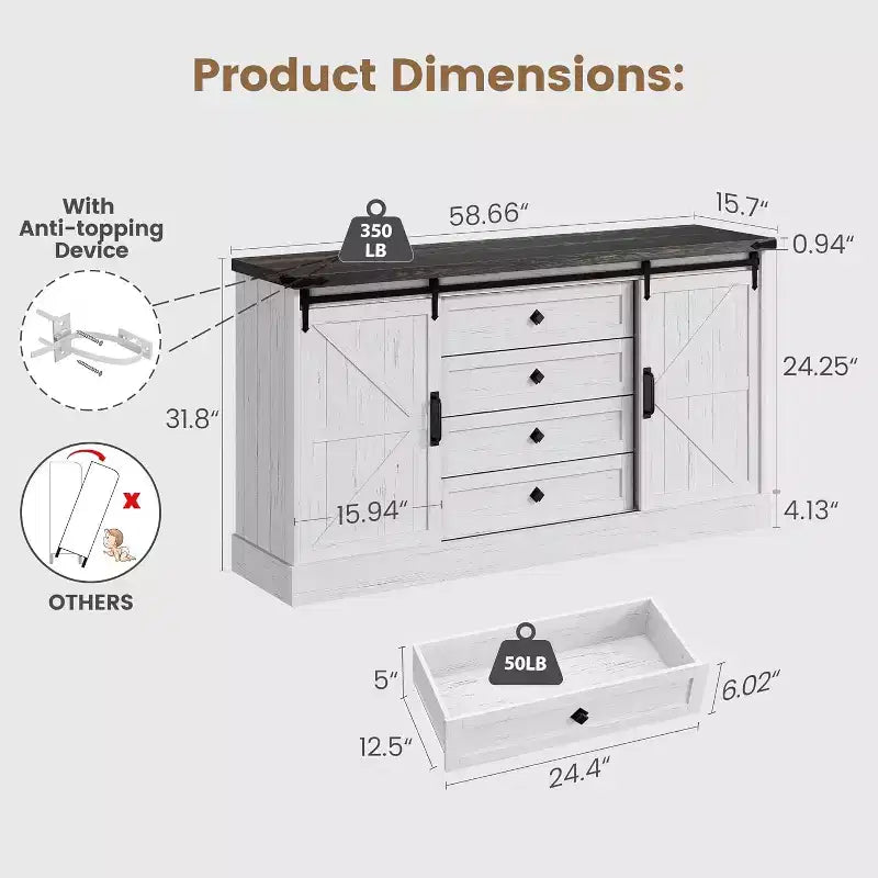 Meuble de bar à café Acekool Farmhouse, buffet 58,66" avec tiroirs, portes coulissantes pour cuisine ou salon