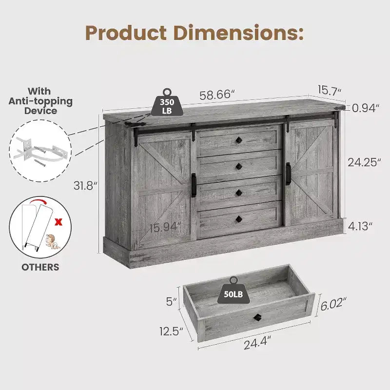 Meuble de bar à café Acekool Farmhouse, buffet 58,66" avec tiroirs, portes coulissantes pour cuisine ou salon