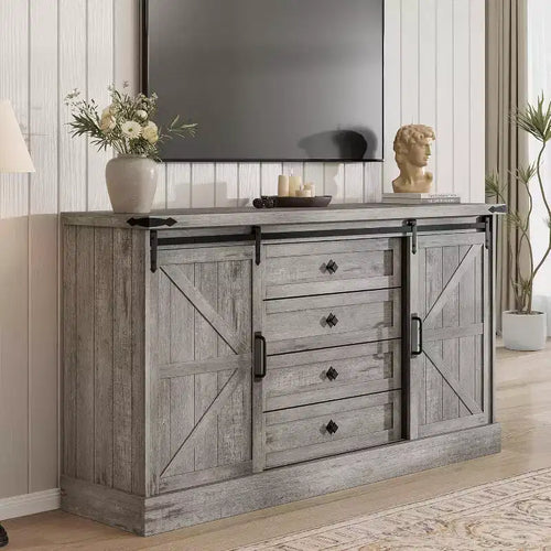 Acekool Farmhouse Coffee Bar Cabinet, 58.66 Buffet Sideboard with Drawers, Barn Doors for Kitchen or Living Room